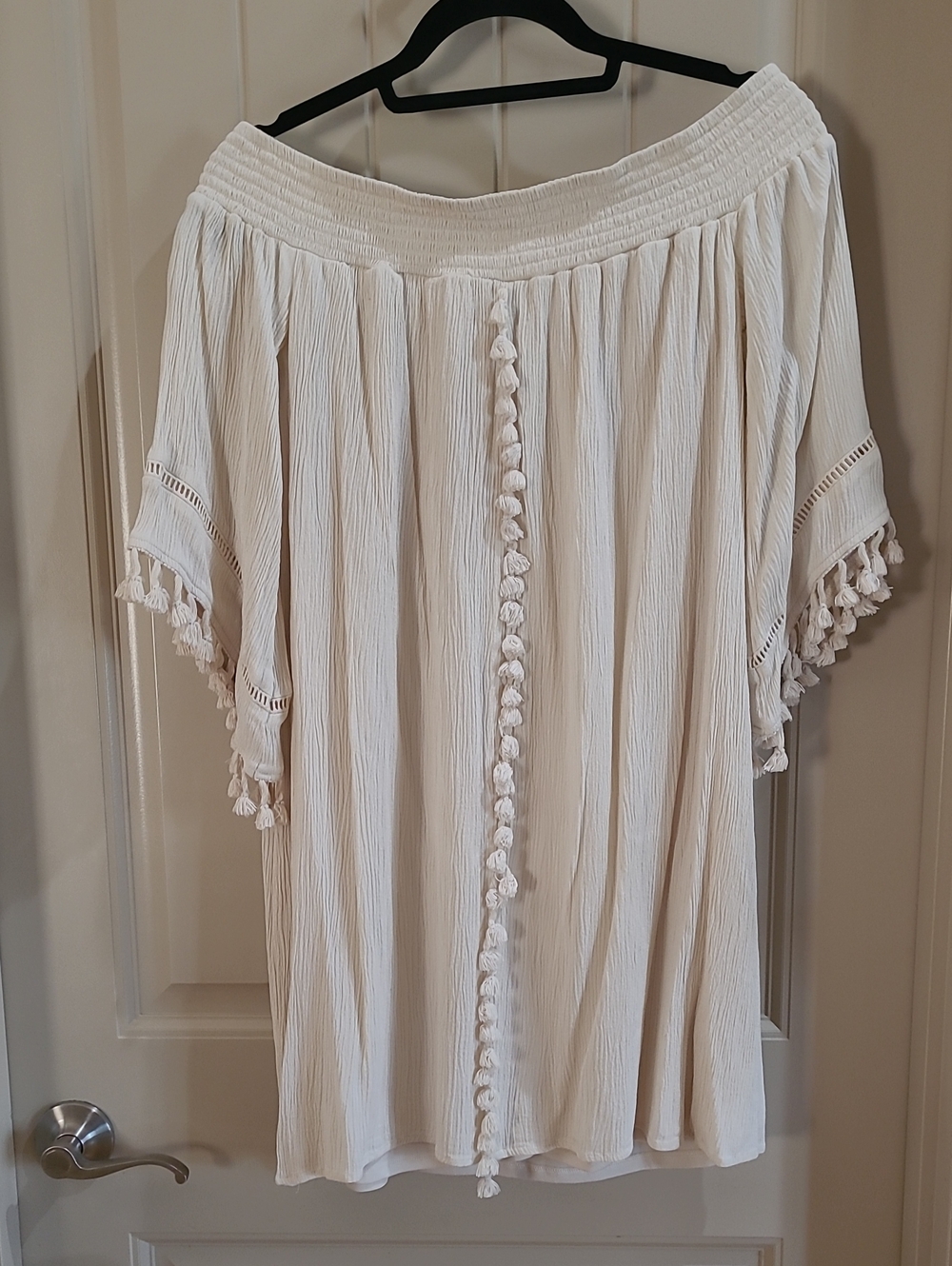 Xhilaration Cream Smocked Off-Shoulder Top with Tassel Trim